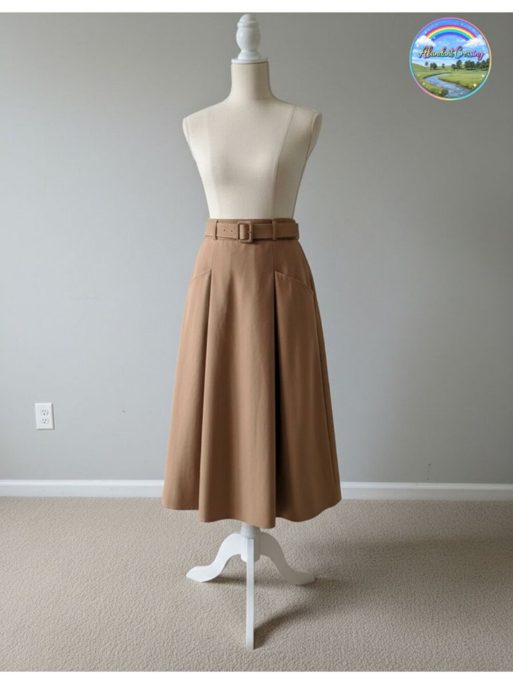 Wool Midi Skirt High Waist A-Line Pleated Belted